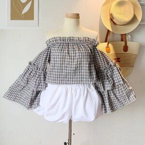 Gray Plaid Off Shoulder Ruffle Sleeve Top